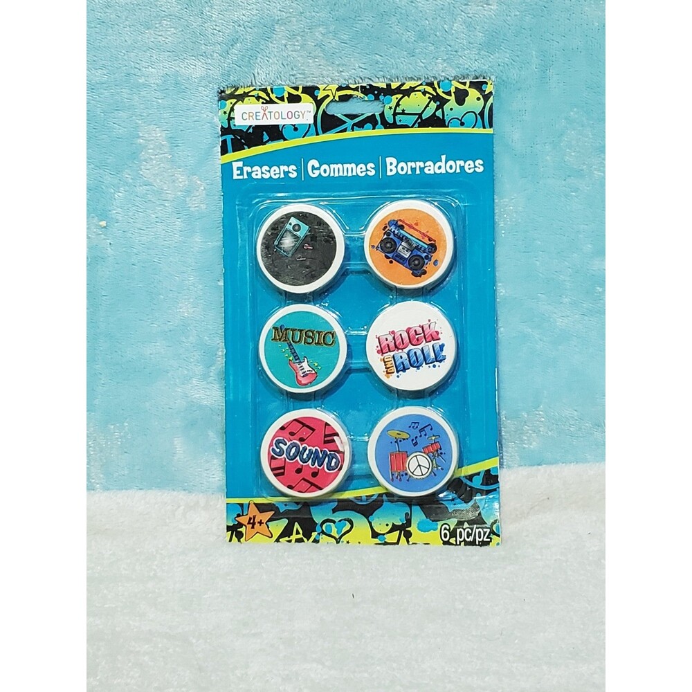 6 NIB Creatology Musical Erasers 1 1/2"